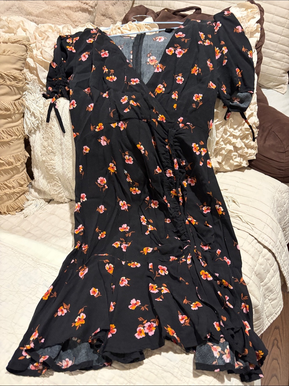Forever 21 Black Midi Wrap Dress with Pink & Orange Floral Print